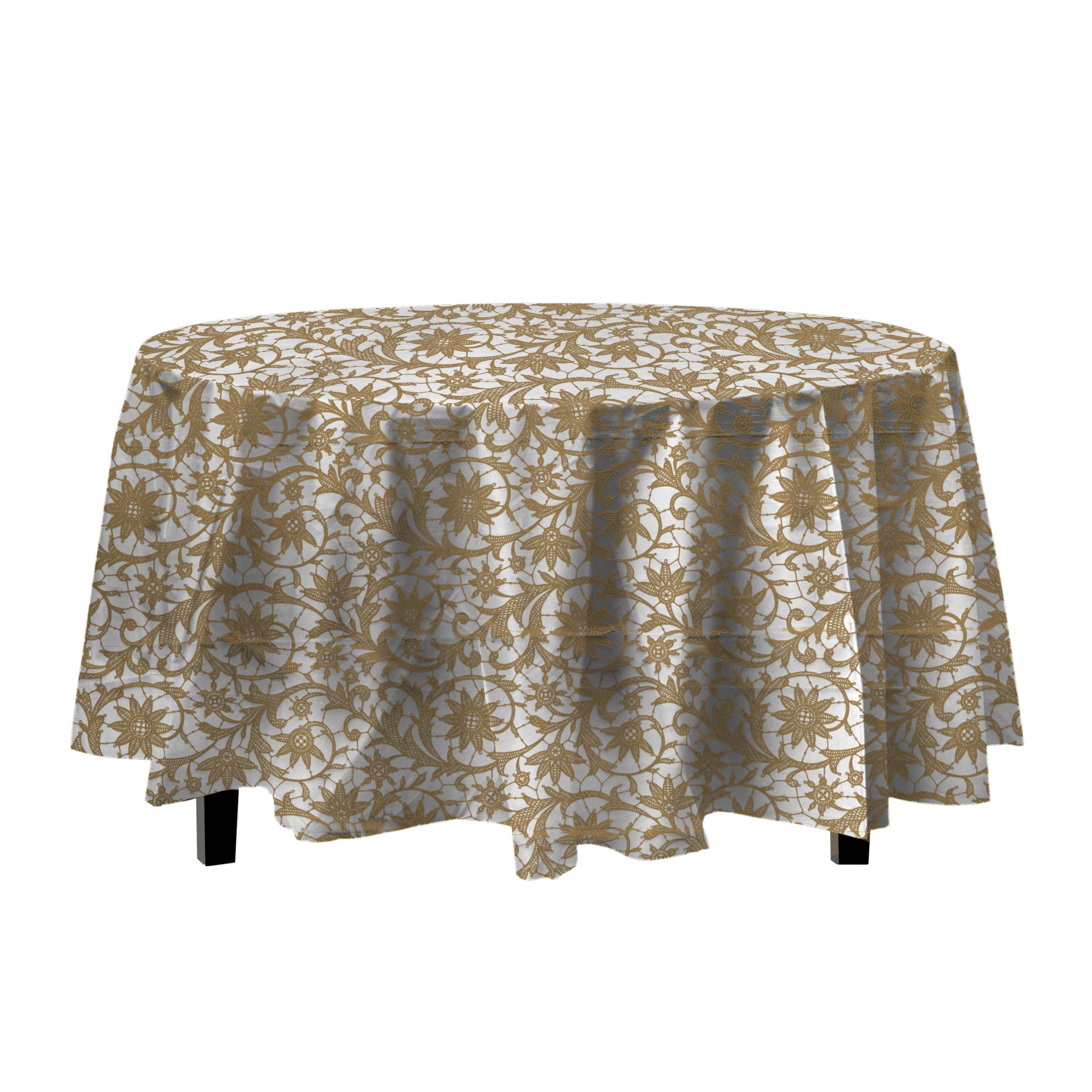 Gold Lace Printed Round Plastic Tablecloth | 48 Count