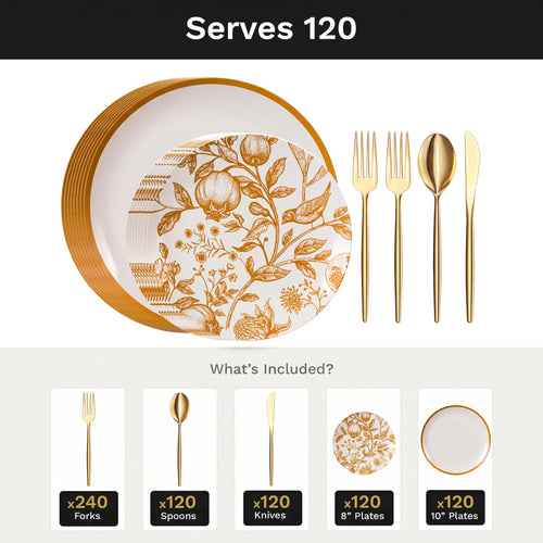 Pomegranate Deluxe Set | Plates & Gold Cutlery | Serves 120