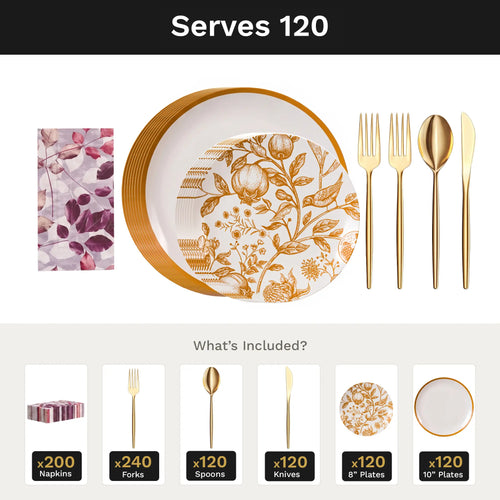 Pomegranate Ultimate Set | Plates, Gold Cutlery & Napkins | Serves 120
